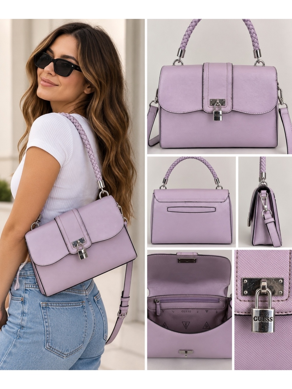 GUESS Lavender Satchel Handbag Braided Handle Padlock Crossbody Shoulder Bag